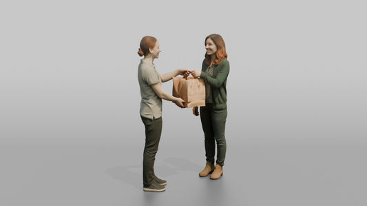 Woman Cashier Handing A Paper Shopping Bag To A Customer - 3D character model