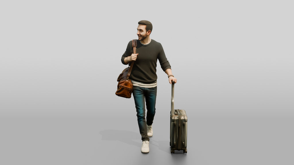 Young Man Walking with Rolling Suitcase and Leather Duffel Bag