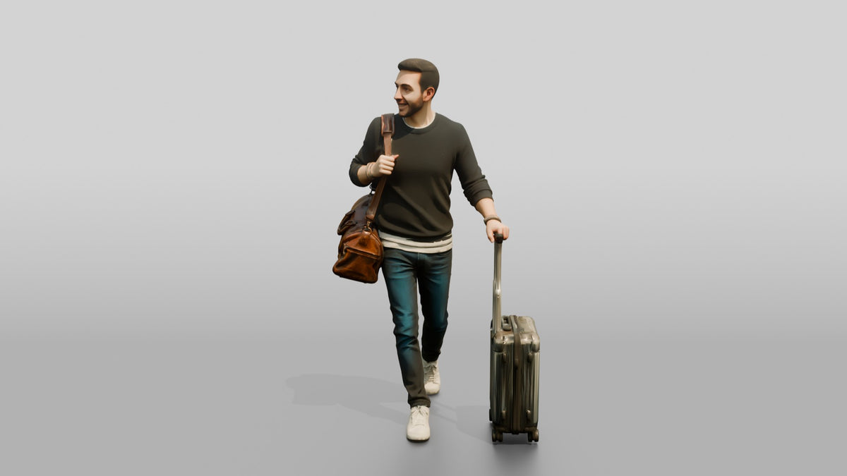 Young Man Walking with Rolling Suitcase and Leather Duffel Bag - 3D character model, view 5