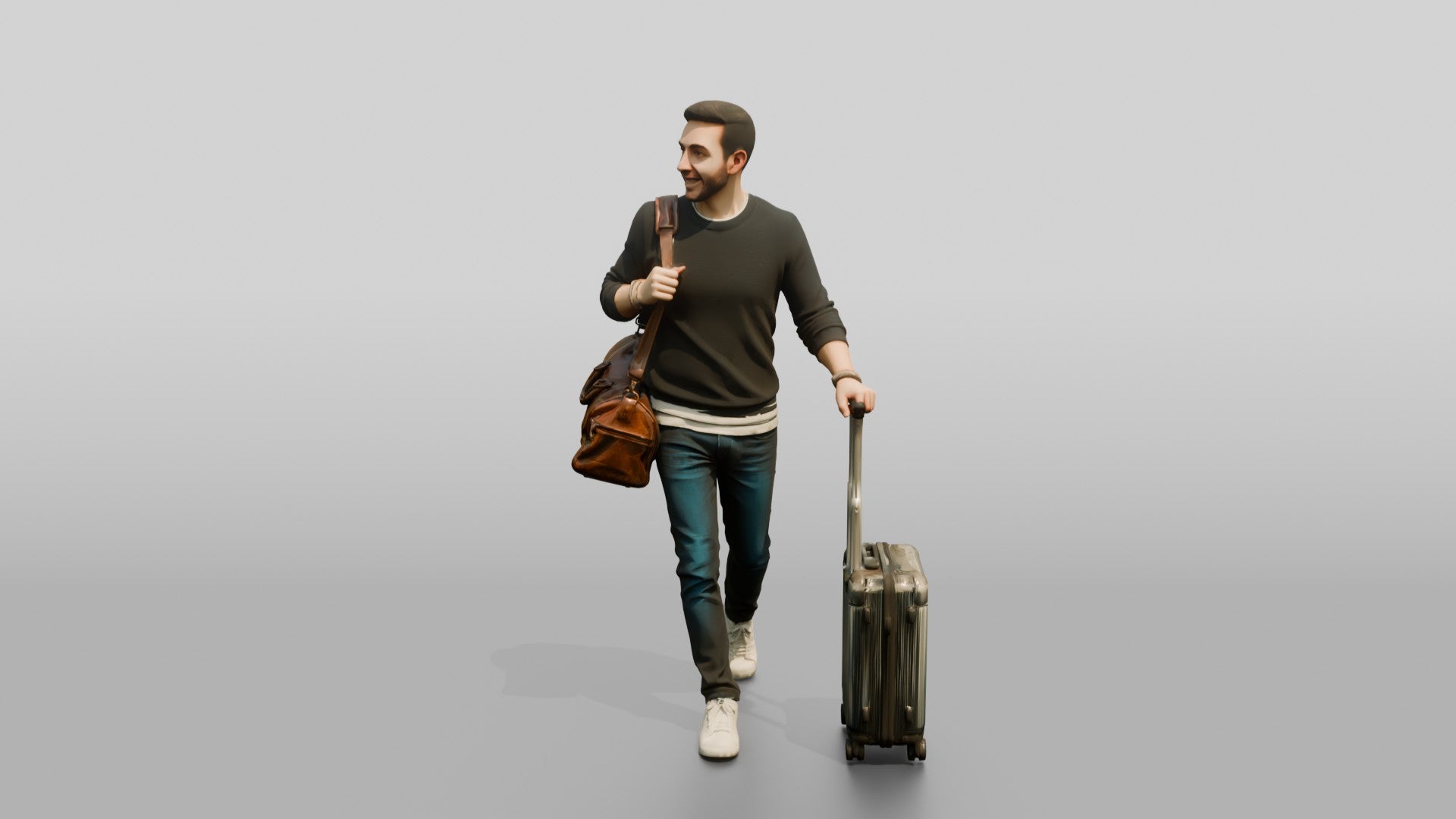 Young Man Walking with Rolling Suitcase and Leather Duffel Bag
