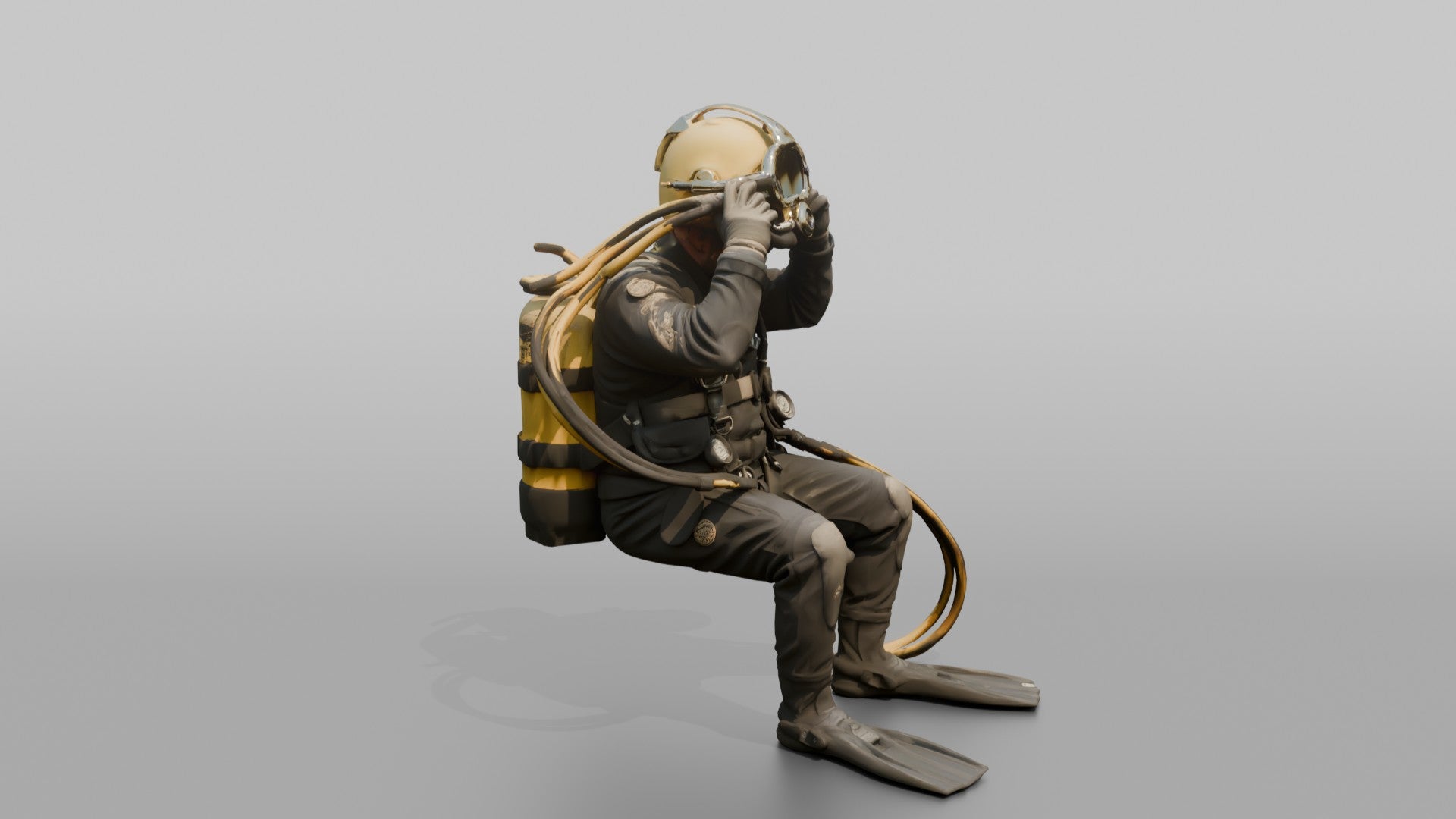 Diver Adjusting His Helmet Before a Dive
