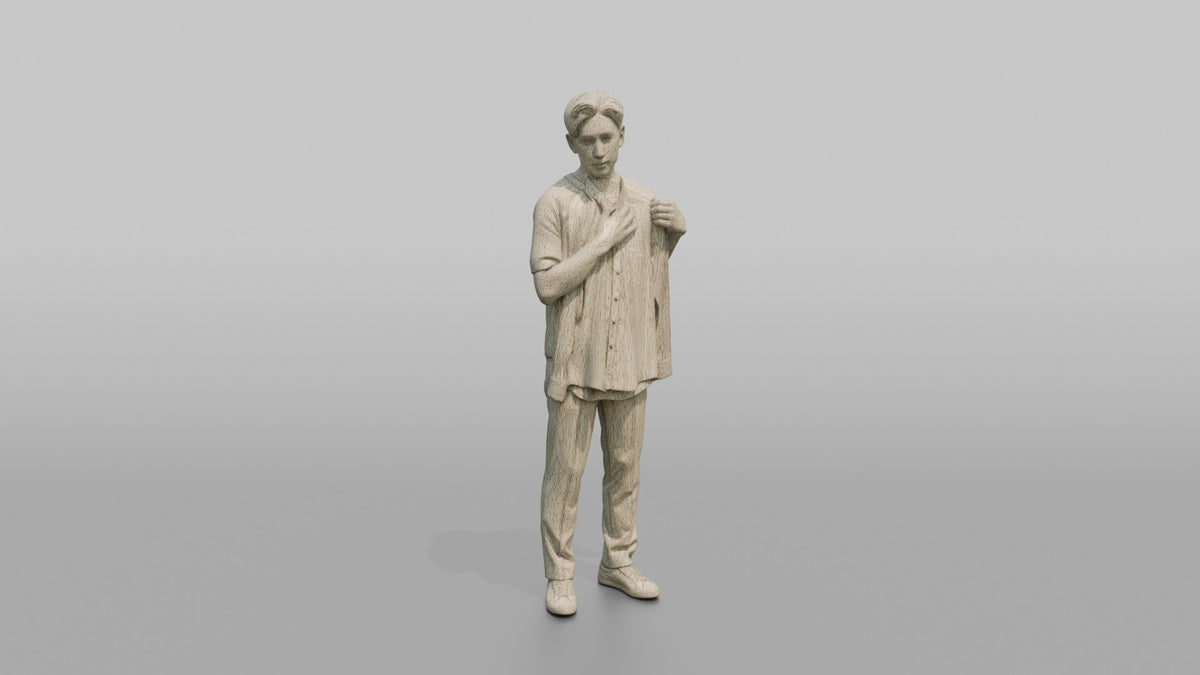 Man Customer Looking At His Reflection While Holding A Dress Shirt Against His Chest - wireframe topology preview