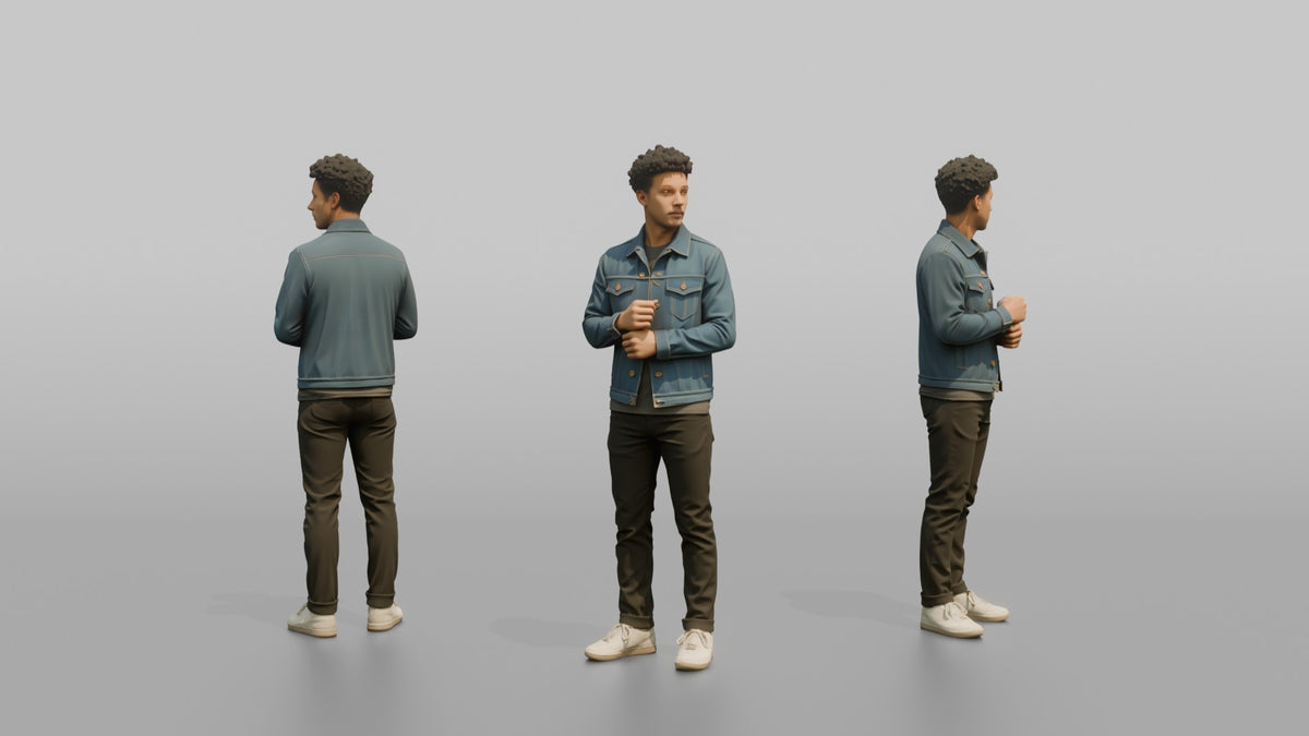 Man Customer Trying On A Denim Jacket - 3D character model, view 1