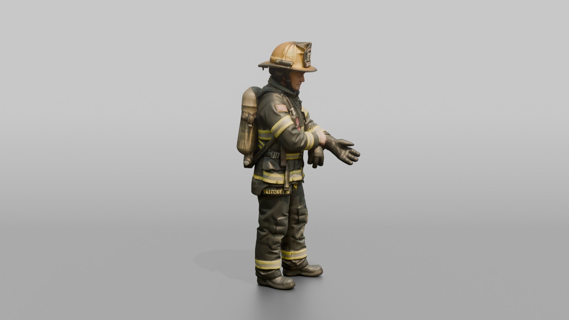 Firefighter Woman Securing Turnout Gear Gloves Onto Her Hands