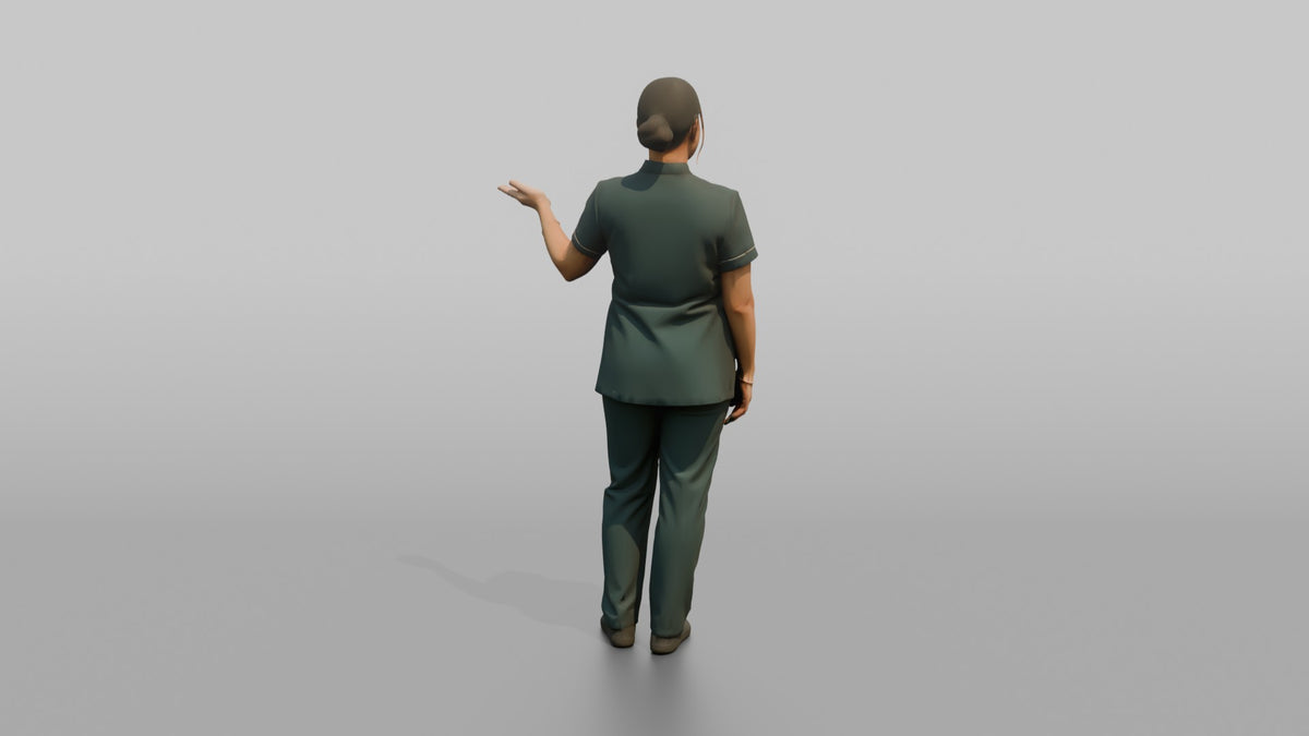 Spa Attendant Woman Gesturing Toward A Sauna Door - 3D character model, view 3