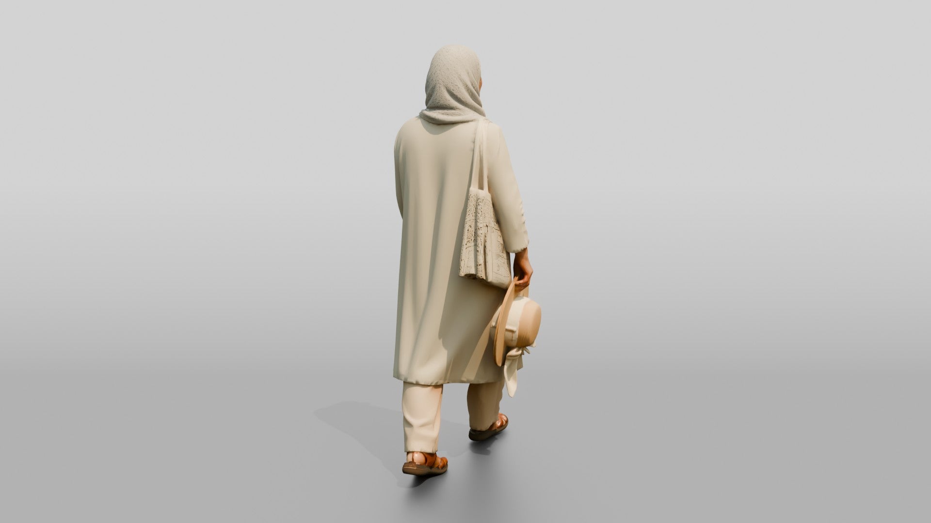 Middle-Aged Iraqi Woman in Hijab Carrying a Summer Hat