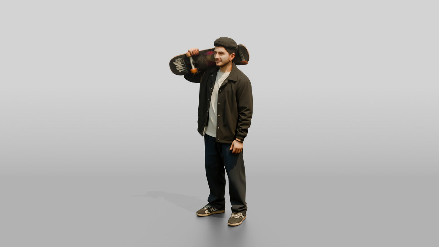 Skater Man Carrying Skateboard on Shoulder
