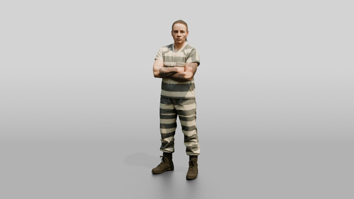 Caucasian Female Prisoner in a Grey-white Striped Uniform