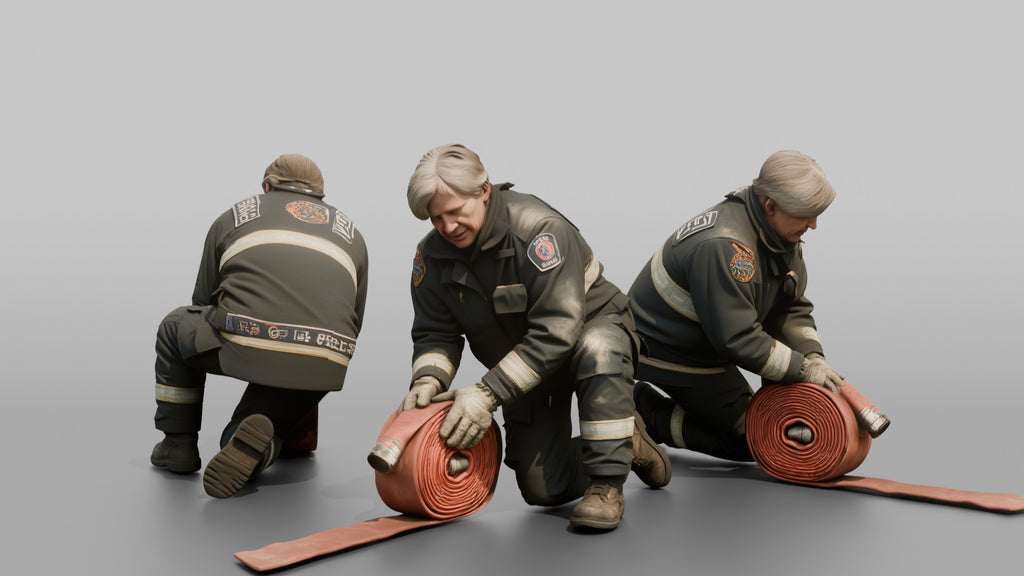 Firefighter Woman Rolling Up a Flat Fire Hose on the Ground