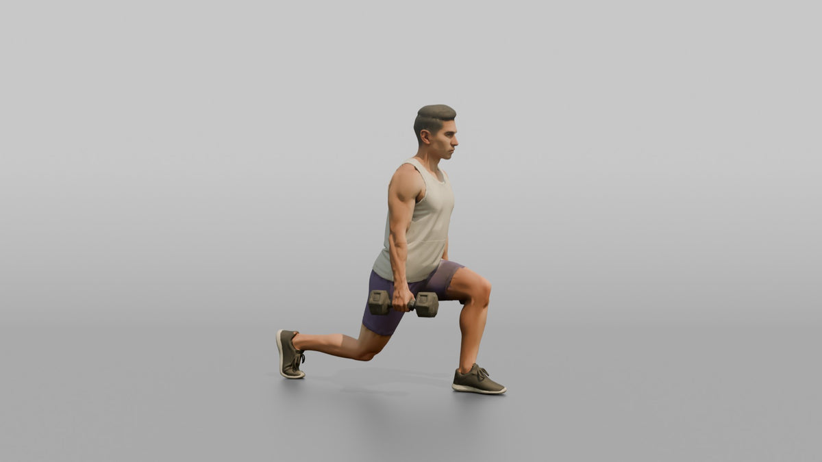 Weightlifter Man Holding Two Dumbbells At The Sides Mid-lunge - 3D character model, view 2