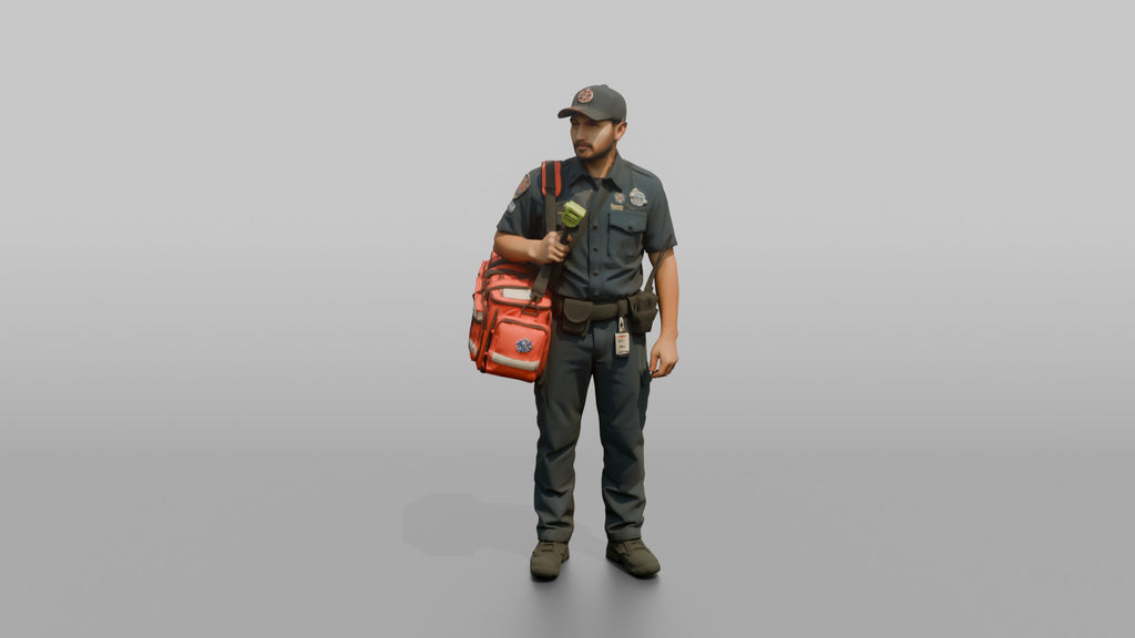 Firefighter Man Carrying a Bright Red Medical Emergency Trauma Bag