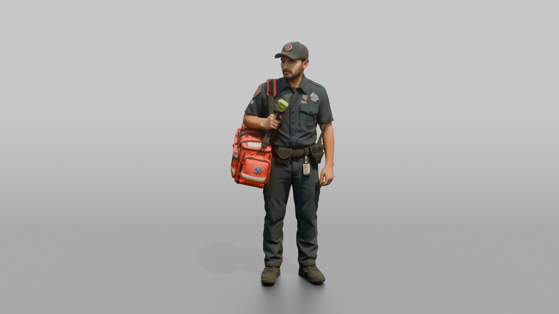 Firefighter Man Carrying a Bright Red Medical Emergency Trauma Bag