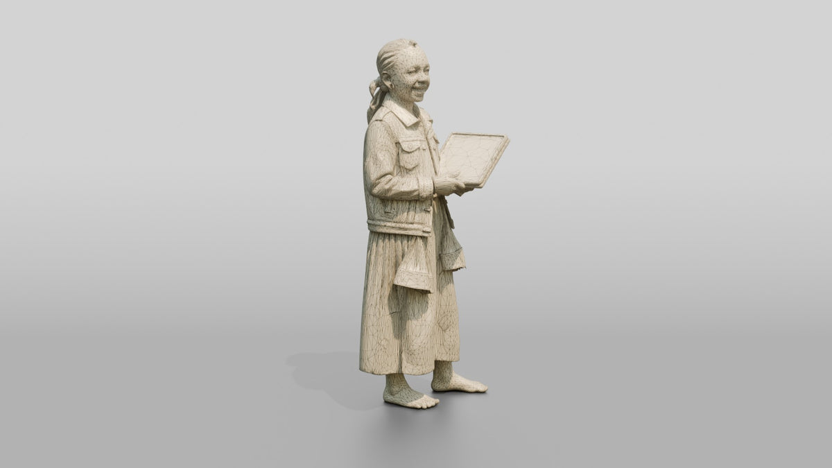African Girl in a Denim Jacket Holding a Digital Tablet - wireframe topology preview