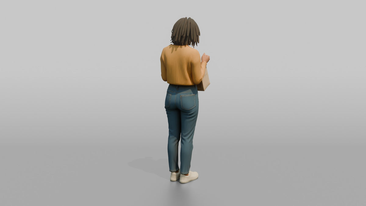 Woman Customer Holding A Shopping Bag Up To Check Its Contents - 3D character model, view 3