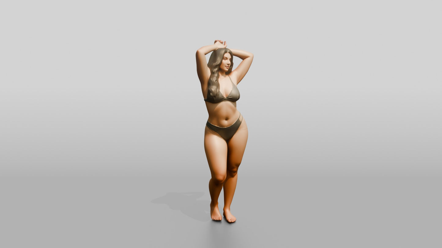 Curvy Woman in Olive Two-Piece Swimsuit Adjusting Her Hair
