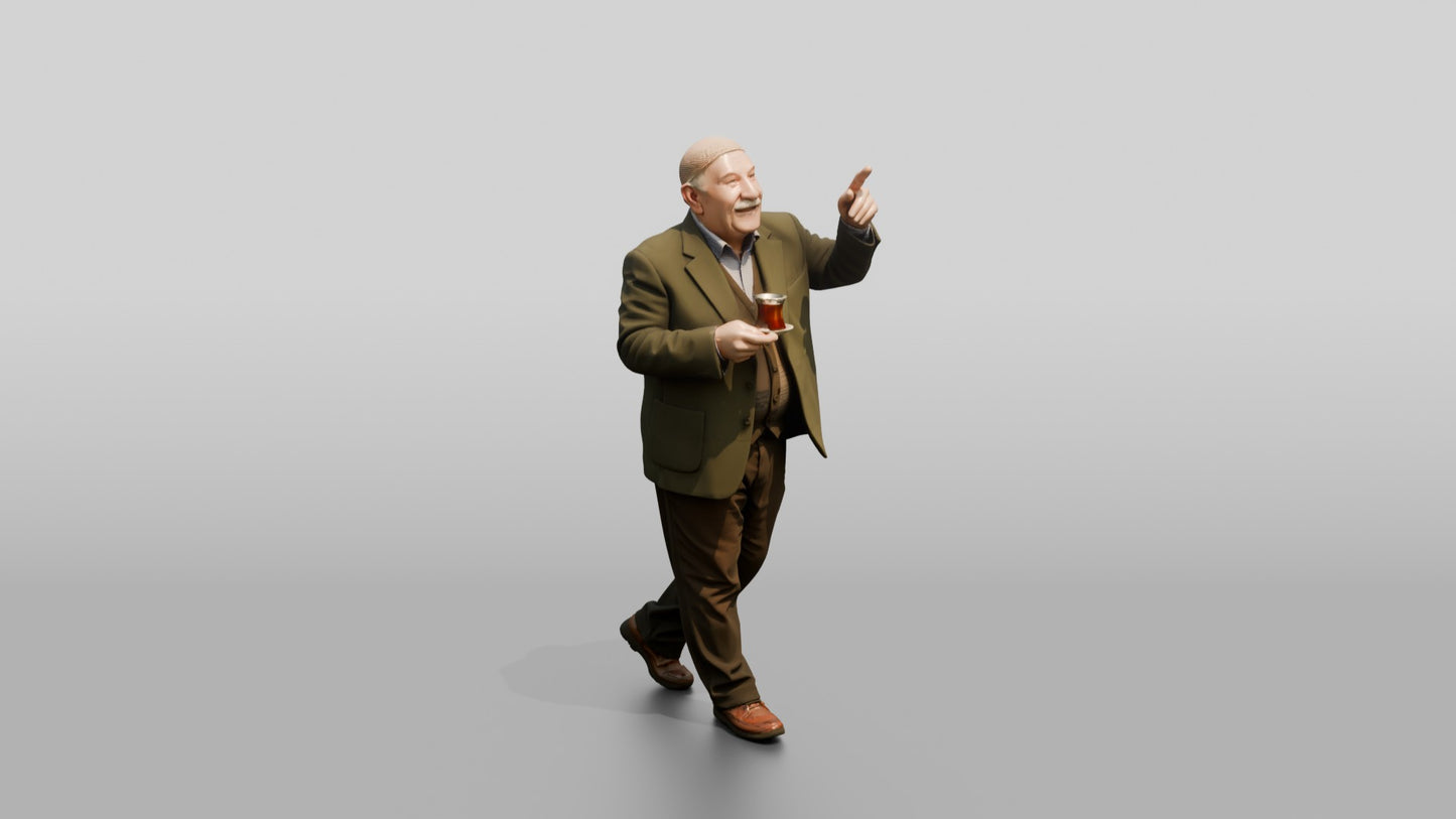 Elderly Man Pointing at Architecture with Tea