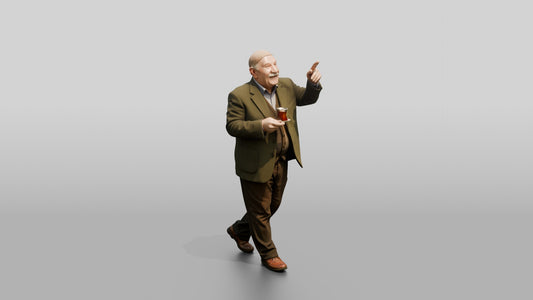 Elderly Man Pointing at Architecture with Tea - 3D character model, view 1