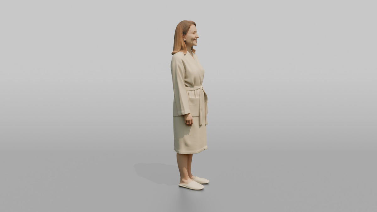 Spa Client Man Standing Barefoot In Spa Slippers, Robe Tied At The Waist - 3D character model, view 2