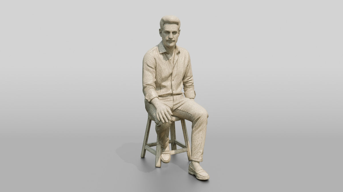 Man Relaxing on a Stool in Linen - wireframe topology preview