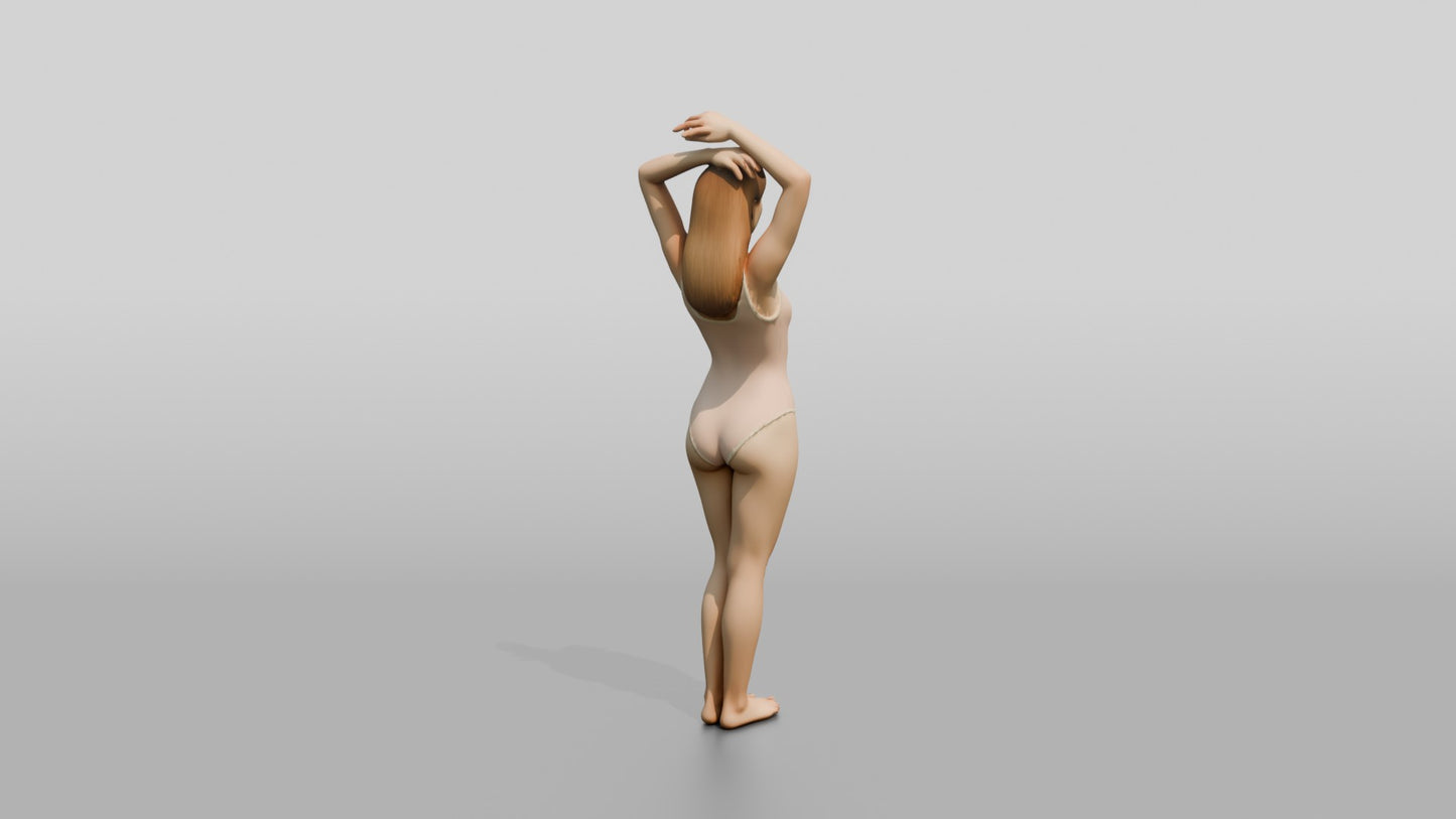 Blonde Woman in Blush One-Piece Swimsuit Arms Raised