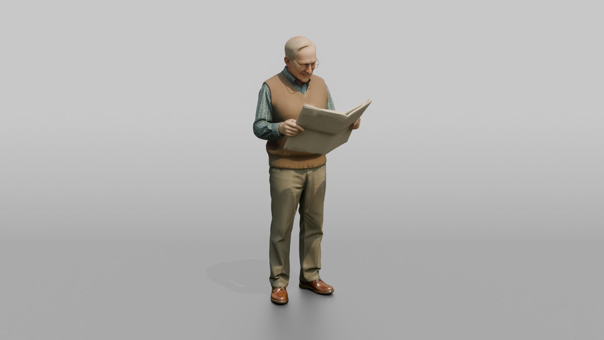 Grandfather Holding A Newspaper, Reading Through His Glasses - 3D character model