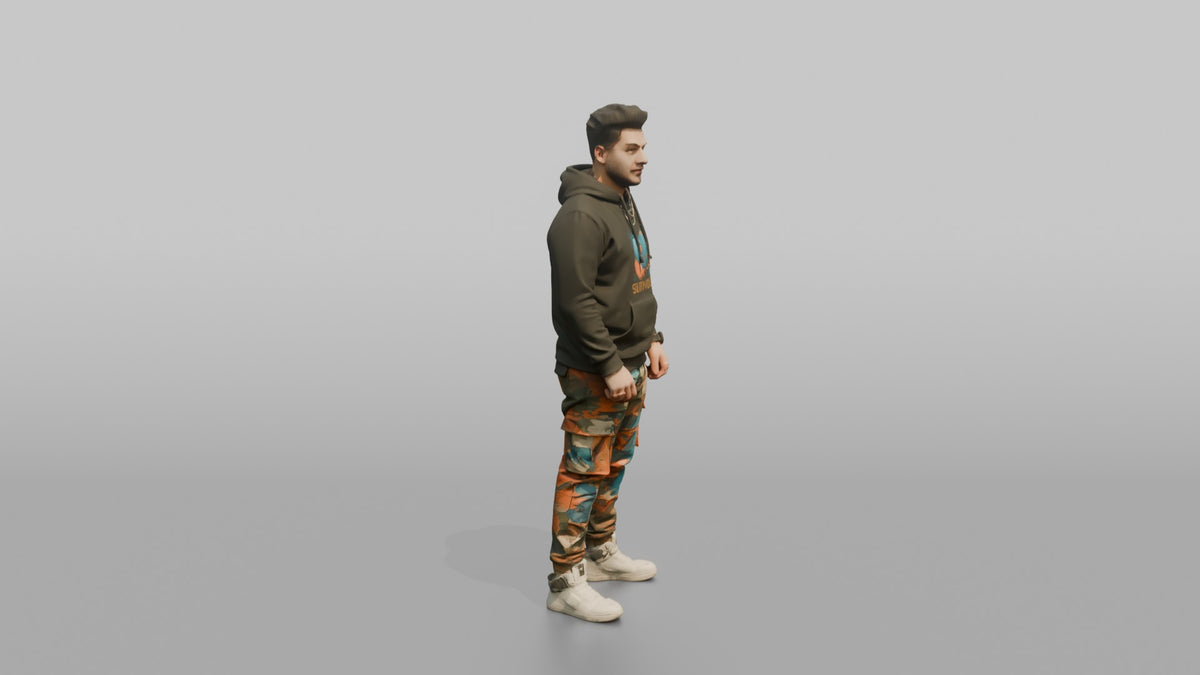 Patron Man Striking A Pose In Colorful Cargo Pants And A Graphic Hoodie - 3D character model, view 2