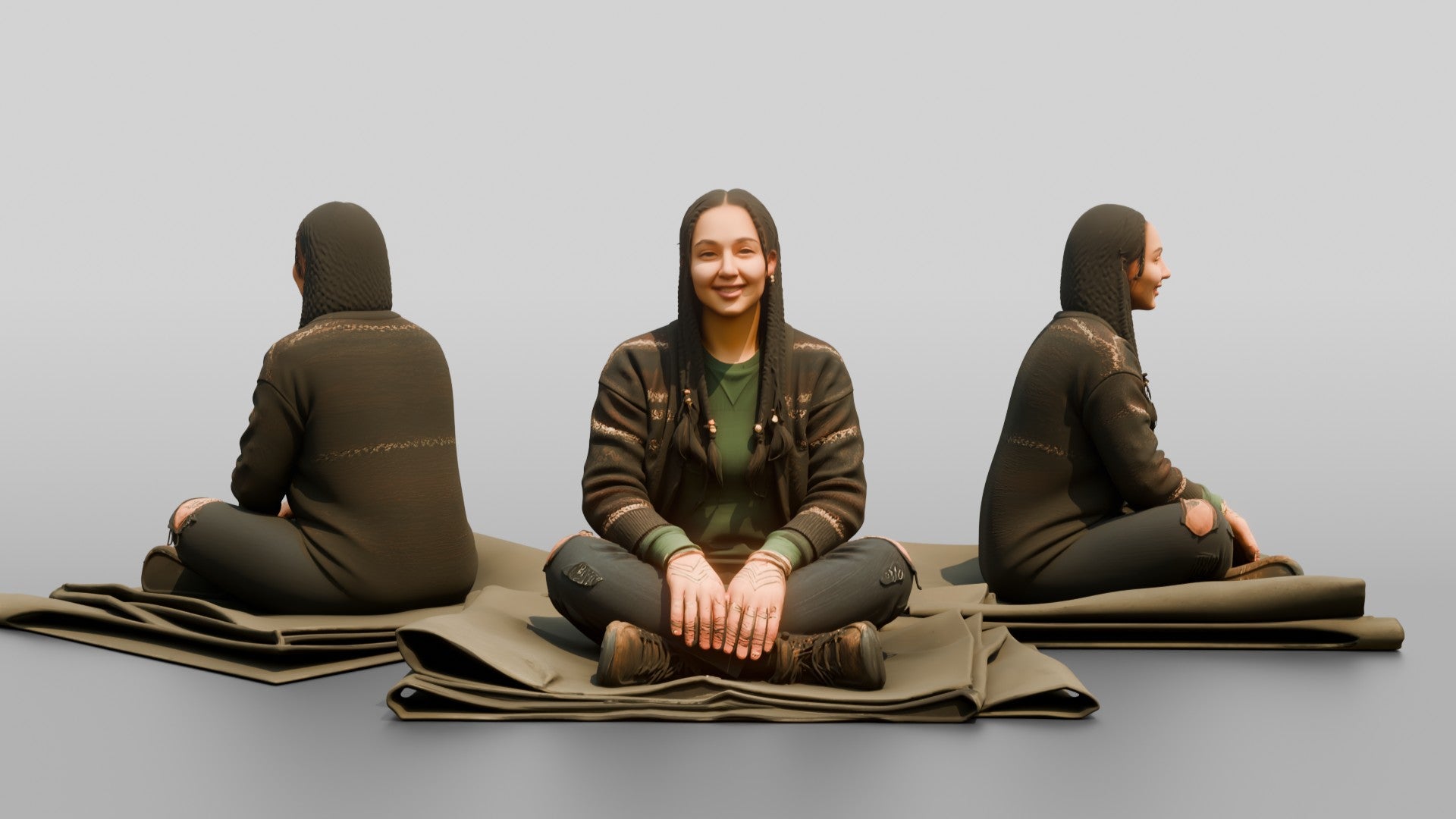 Homeless Woman Sitting on a Folded Tarp