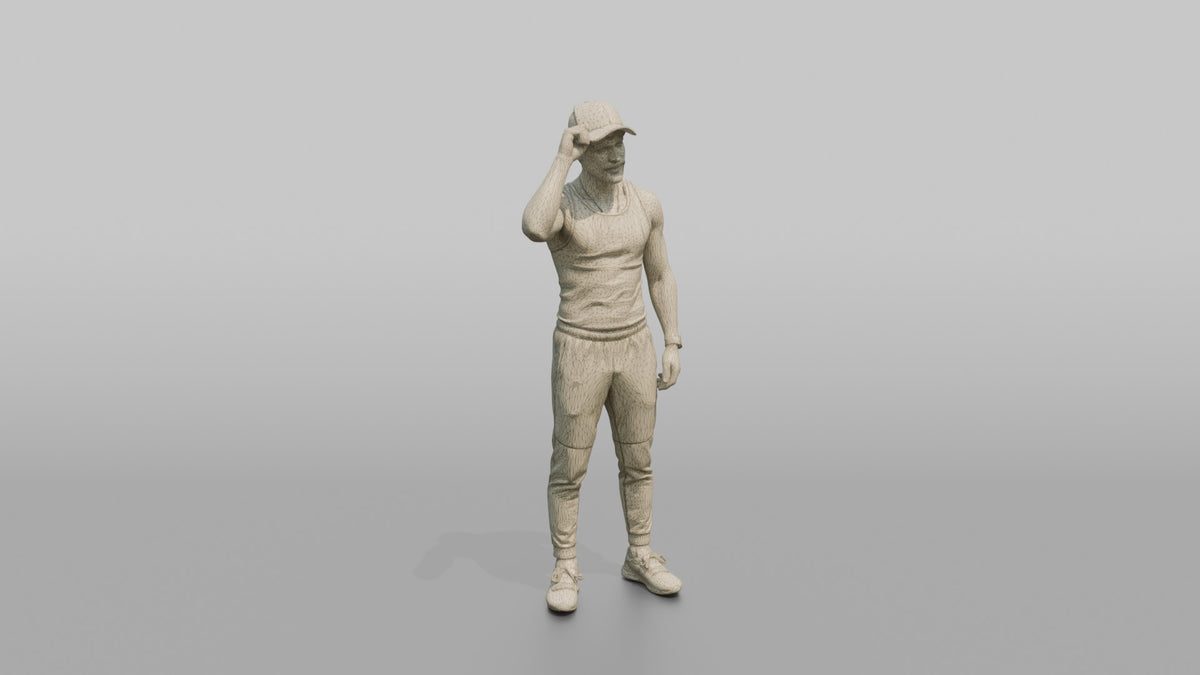 Fitness Influencer Man Standing With One Hand Adjusting A Cap - wireframe topology preview