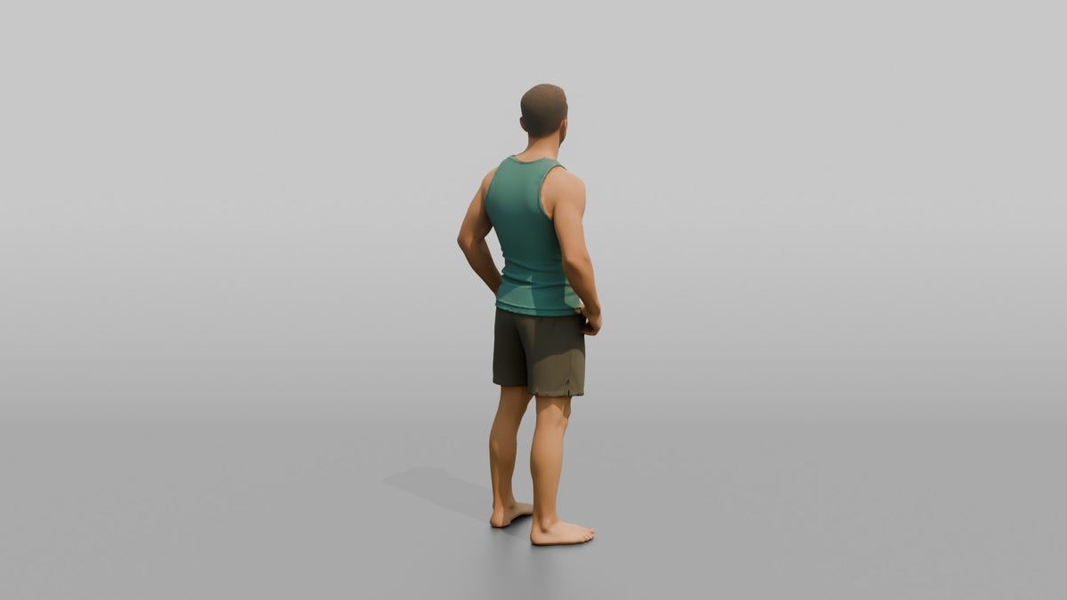 Physique Model Man Standing In A Relaxed Athletic Stance, Thumbs In Waistband - 3D character model, view 3