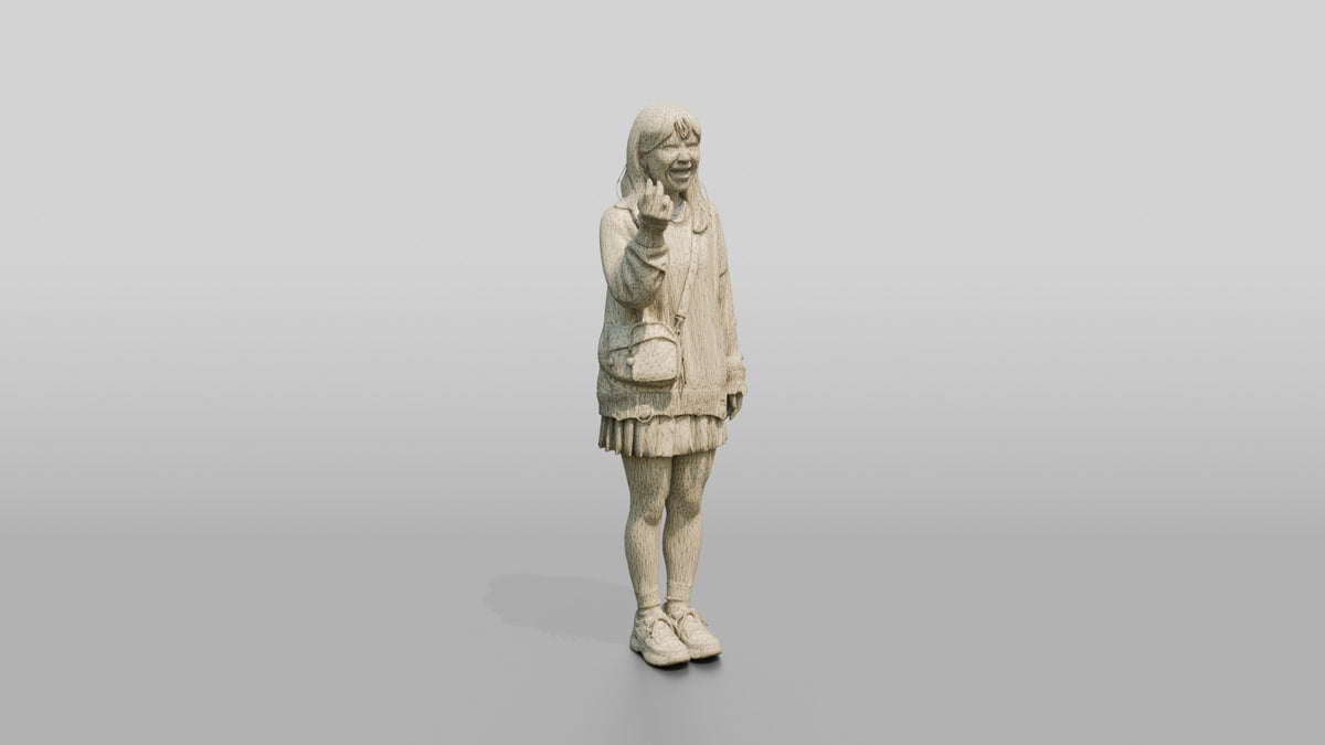 Asian Woman Laughing and Snapping Fingers - wireframe topology preview
