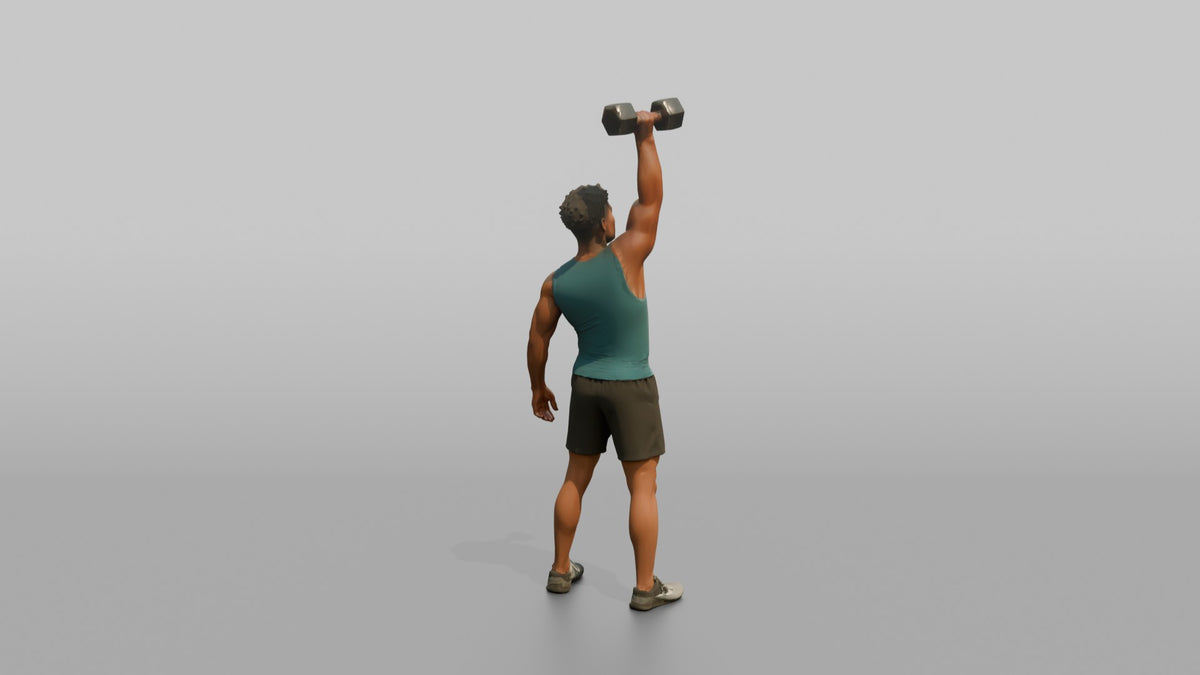 Weightlifter Man Pressing A Dumbbell Overhead With One Arm - 3D character model, view 3