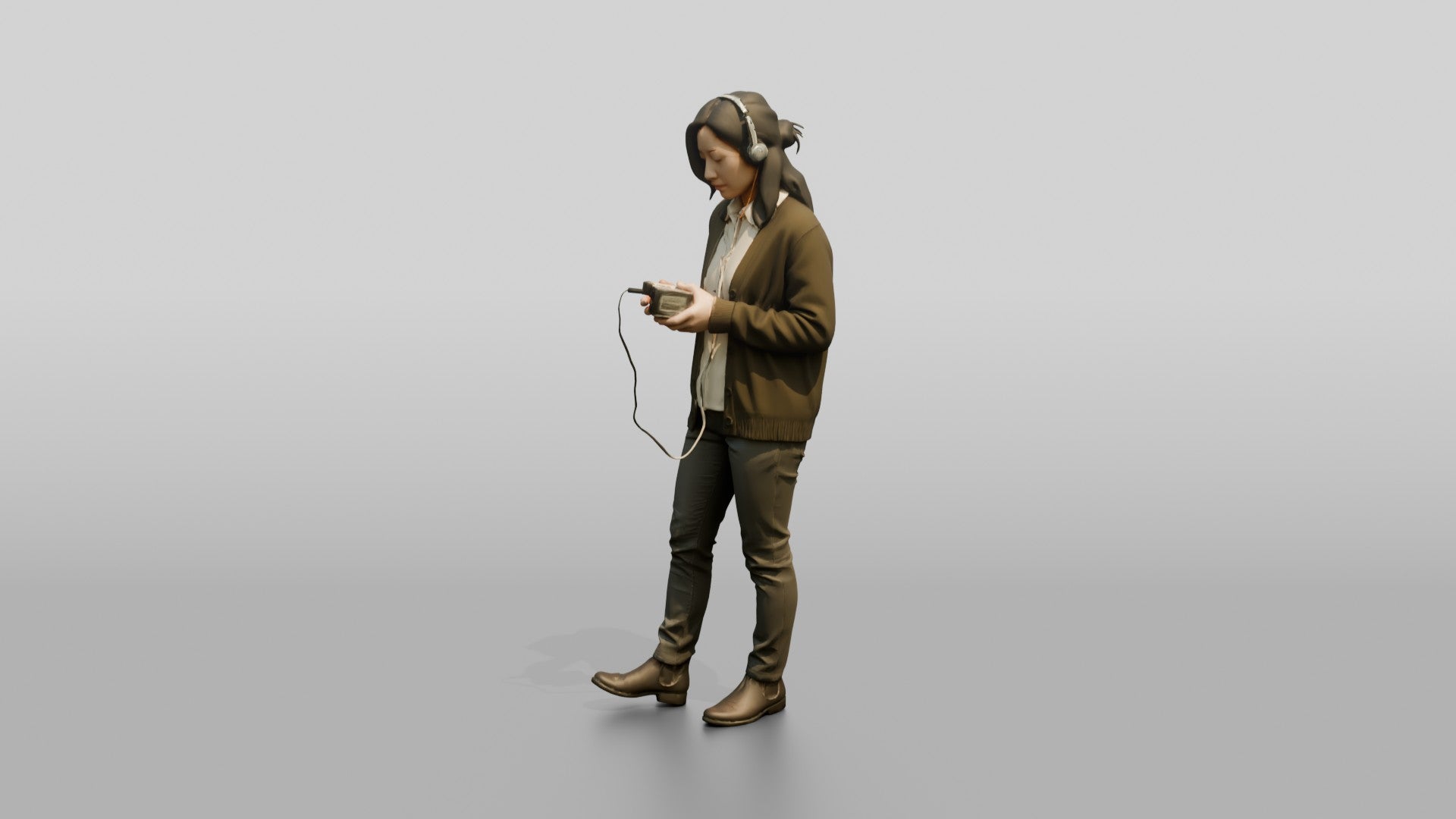 Homeless Woman Listening Intently to a Small Tape Player