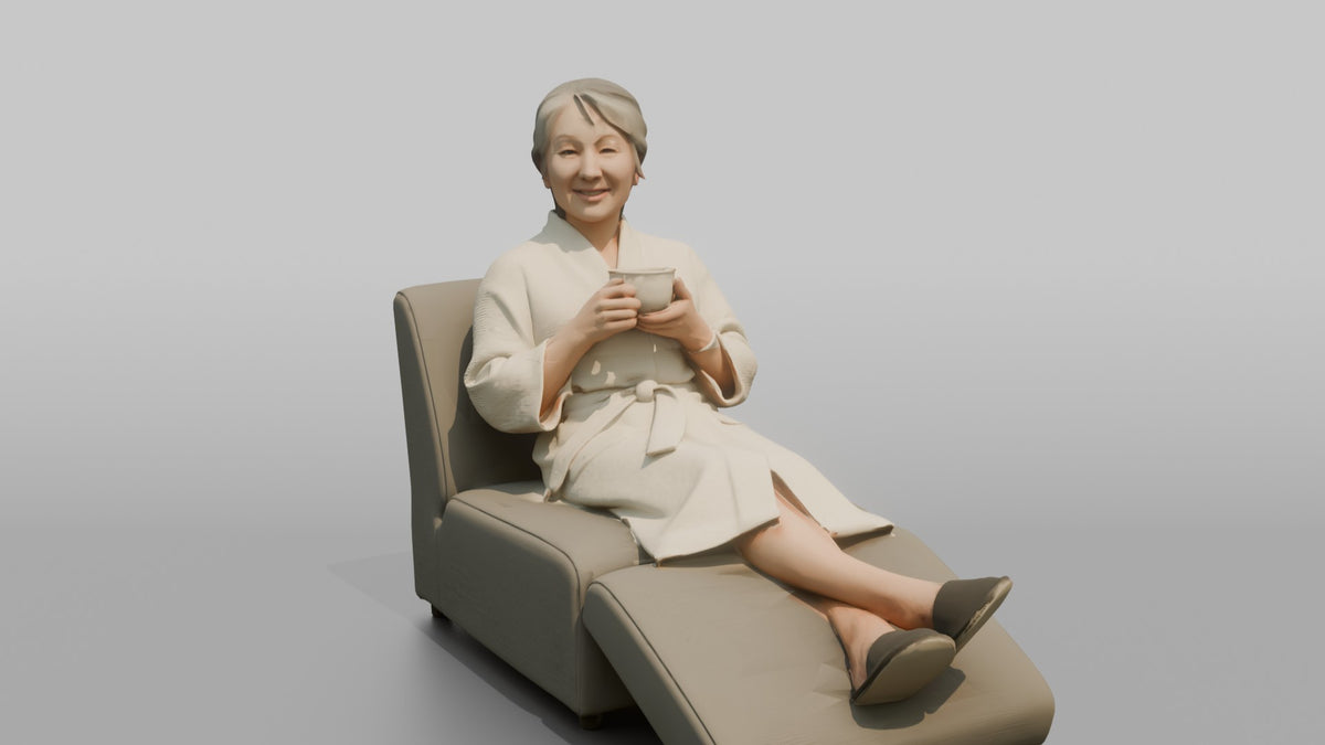 Spa Client Man Sitting On A Lounge Chair In A Robe, Holding A Cup Of Tea - 3D character model