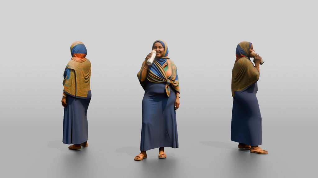 Curvy African Woman in a Headscarf Sipping Water
