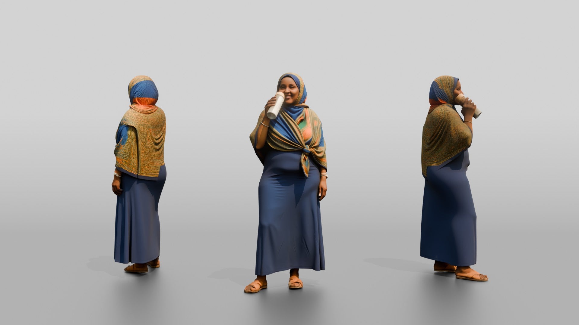 Curvy African Woman in a Headscarf Sipping Water