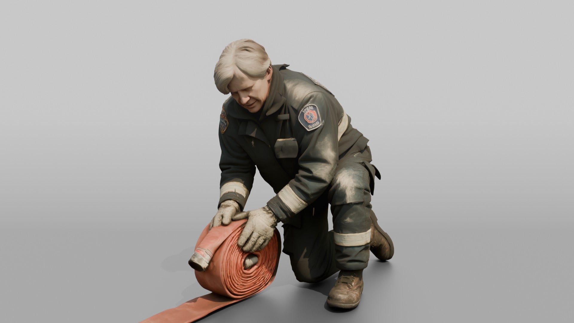 Firefighter Woman Rolling Up a Flat Fire Hose on the Ground