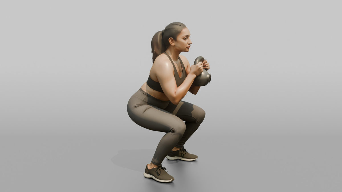 Weightlifter Woman Holding A Kettlebell In A Goblet Squat Position - 3D character model, view 2