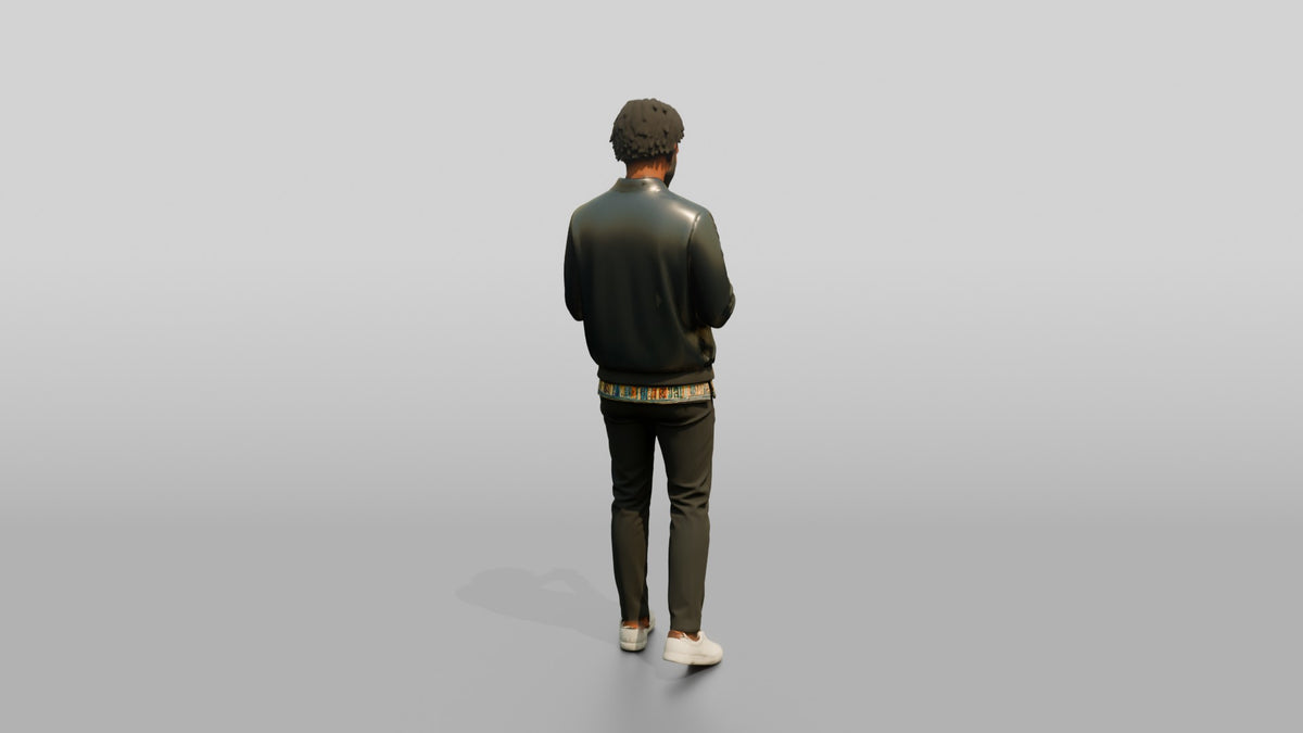 Stylish African Man Texting in a Leather Bomber Jacket - 3D character model, view 3