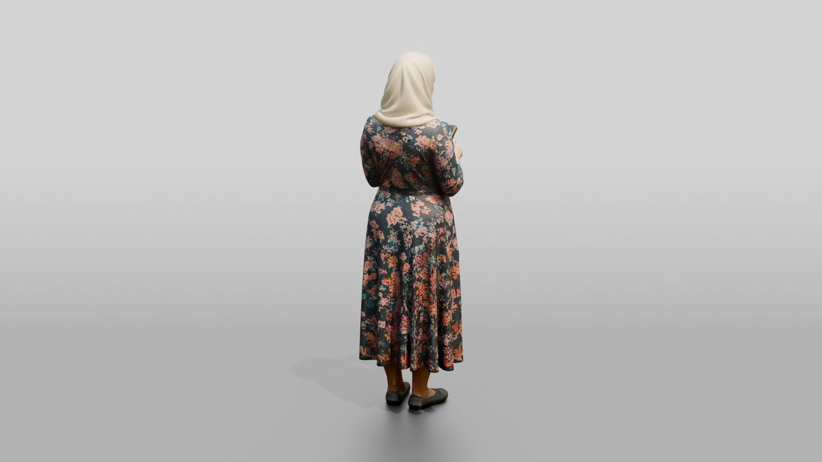 Middle-Aged Jordanian Woman in Hijab by a Fountain - 3D character model, view 3