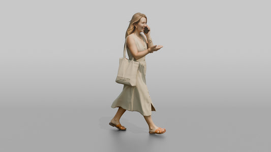 Dutch Woman Walking in a Linen Sundress, Phone in Hand - 3D character model, view 1