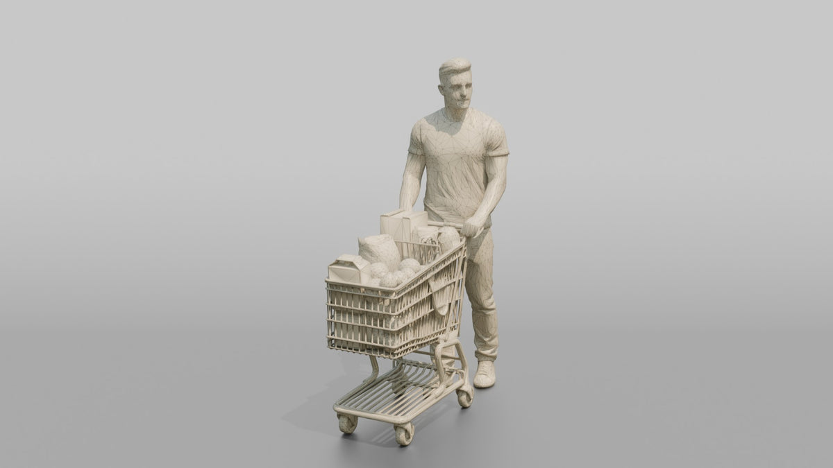 Man Customer Standing With A Shopping Cart Full Of Items - wireframe topology preview