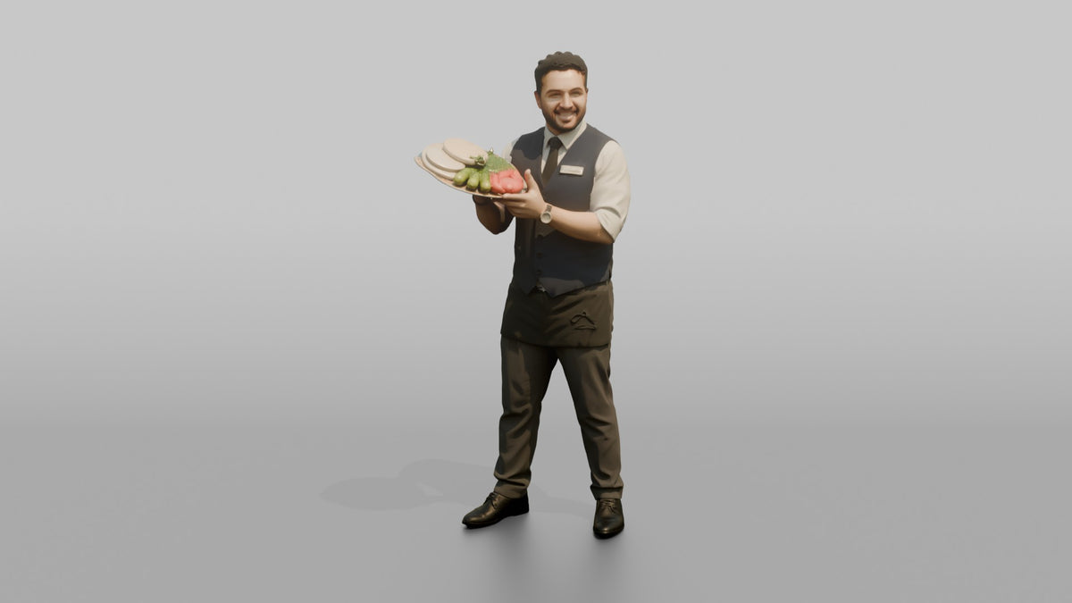 Server Man Carrying A Tray Of Appetizers - 3D character model, view 5