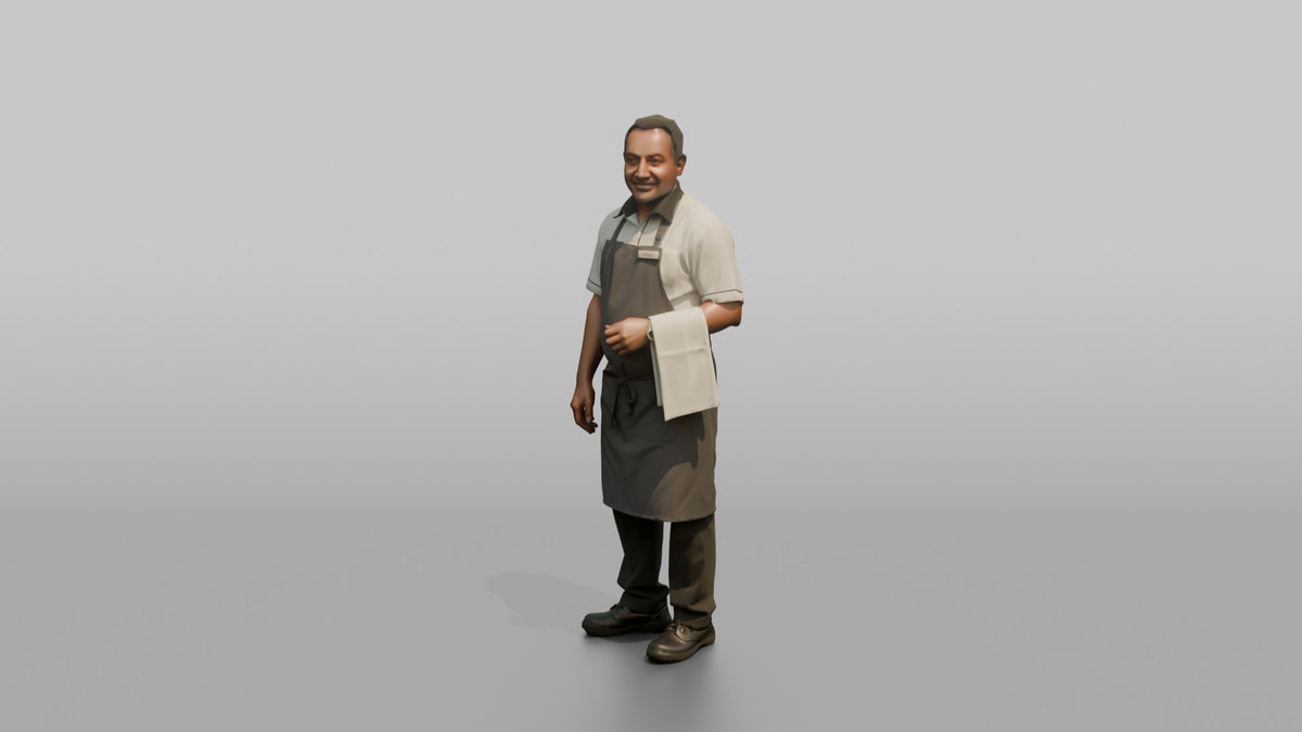 Server Man Holding A Folded White Napkin Over One Arm - 3D character model, view 4