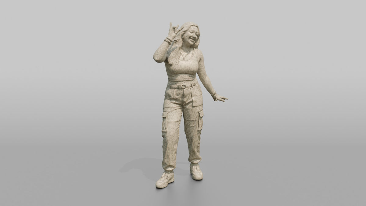 Patron Woman Striking A Playful Pose In A Neon Crop Top And Cargo Pants - wireframe topology preview