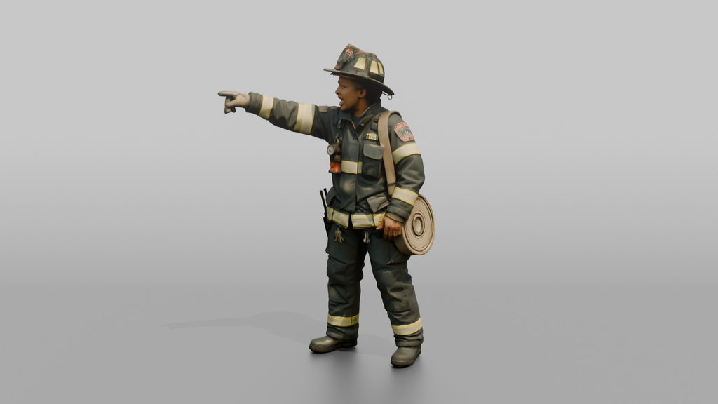 Firefighter Woman Pointing Urgently Off-camera While Calling Out Instructions