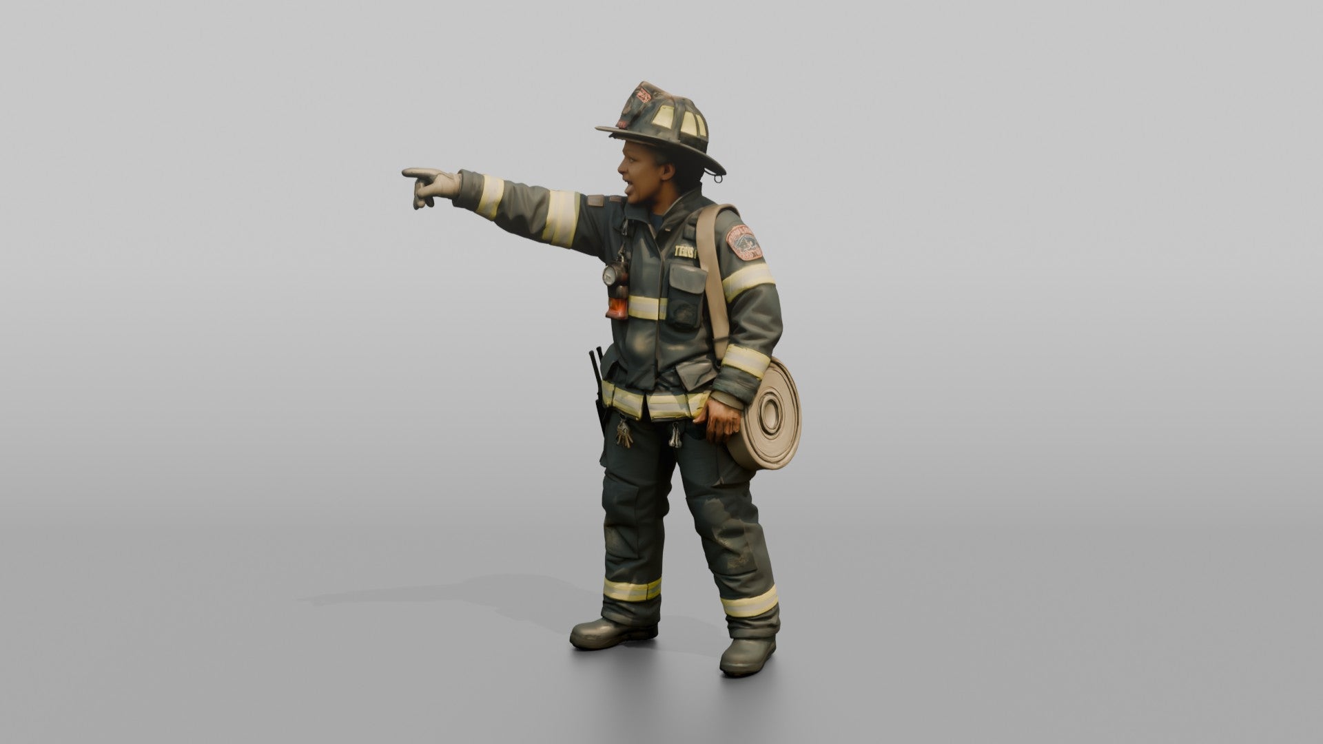 Firefighter Woman Pointing Urgently Off-camera While Calling Out Instructions