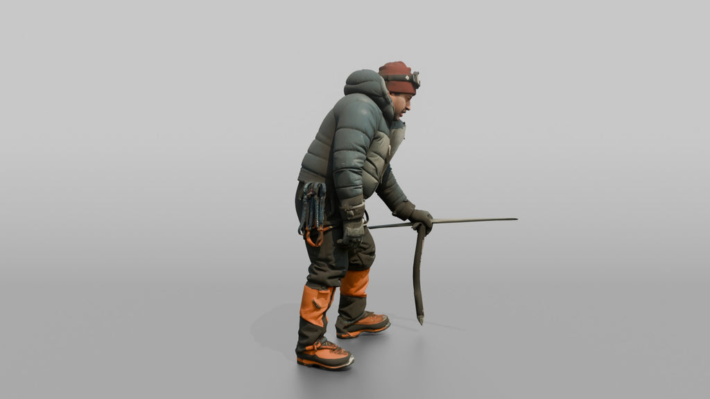 Climber Leaning on an Ice Axe, Catching Her Breath