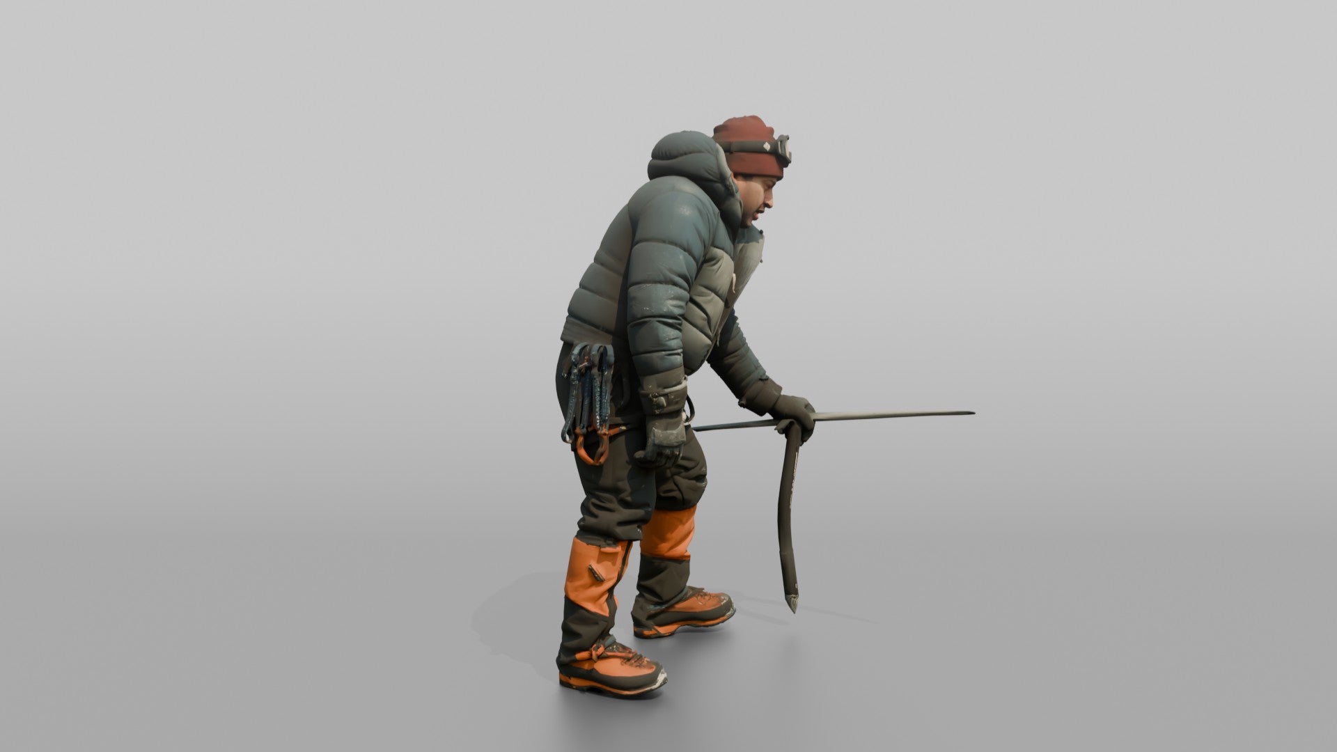 Climber Leaning on an Ice Axe, Catching Her Breath