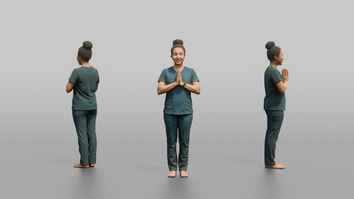 Massage Therapist Man Pressing Palms Together In A Welcoming Gesture - 3D character model, view 1