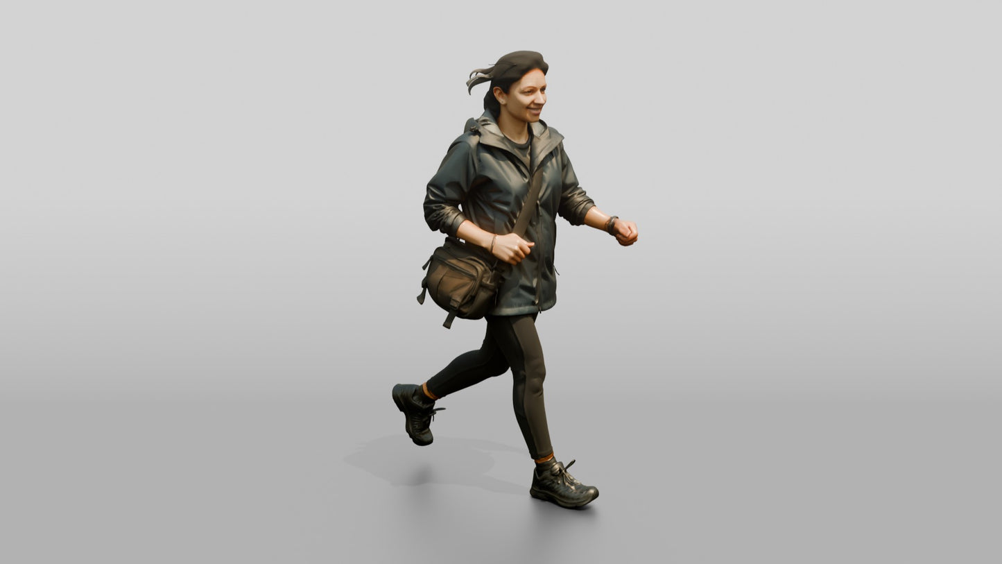 Indian Woman Walking Briskly in Dark Raincoat